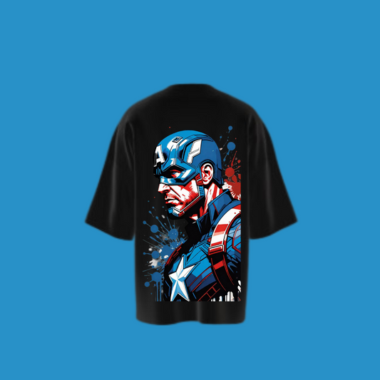 Oversized Black Captain America Printed T-Shirt