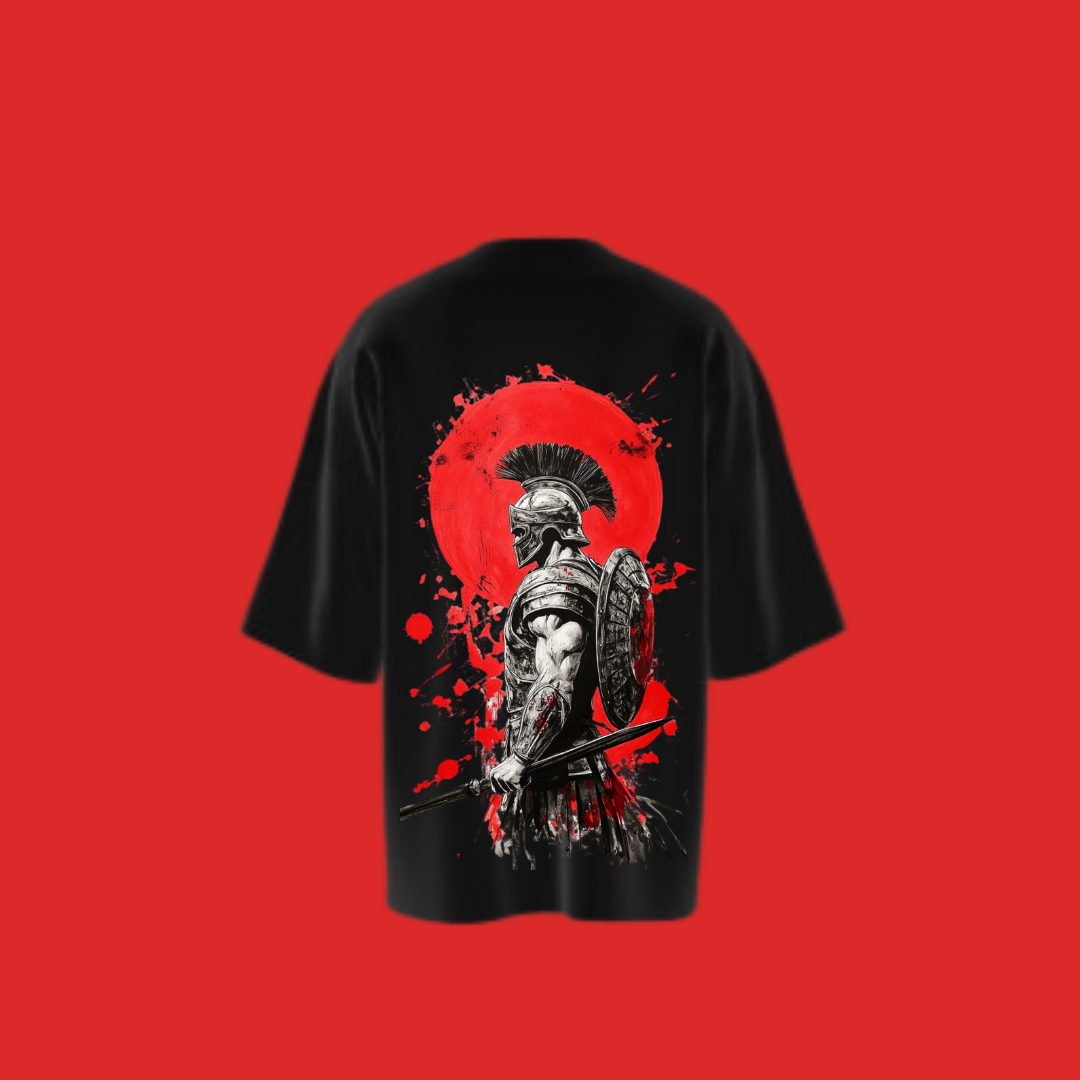 Oversized Black Spartan Warrior Printed T-Shirt